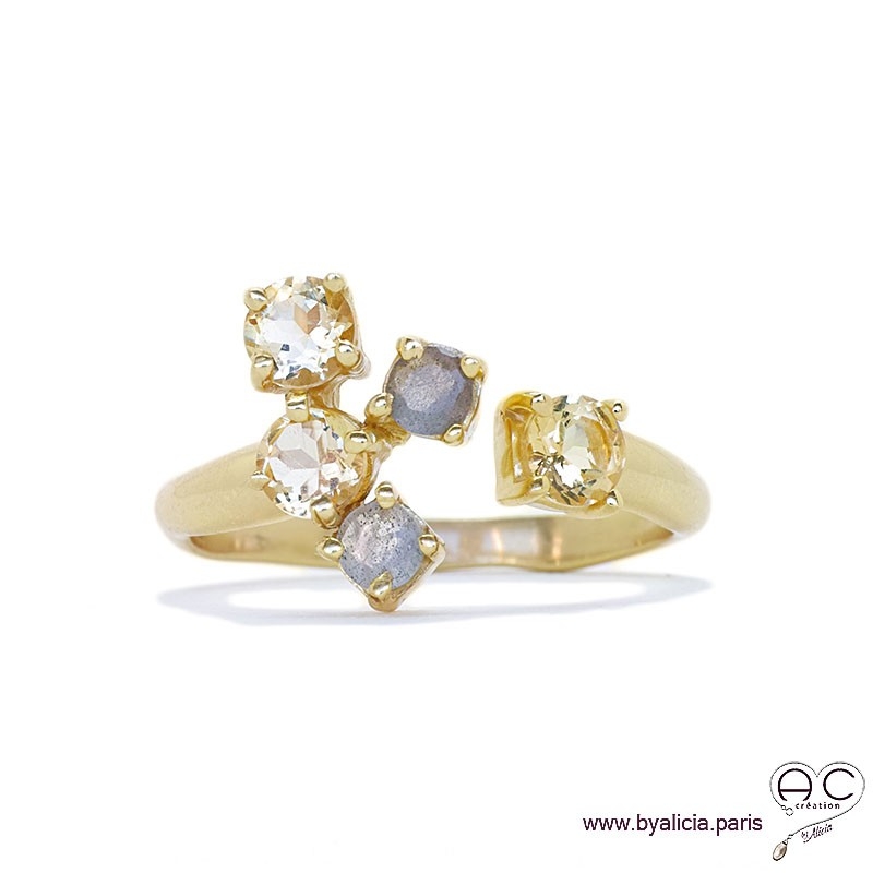 Bague EYMA avec citrine et labradorite sur un anneau ouvert en plaqué or, pierres naturelles, femme