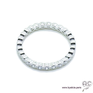 Bague anneau fin sertie de zirconium brillant tour complet en argent 925 rhodié, alliance, empilable, femme