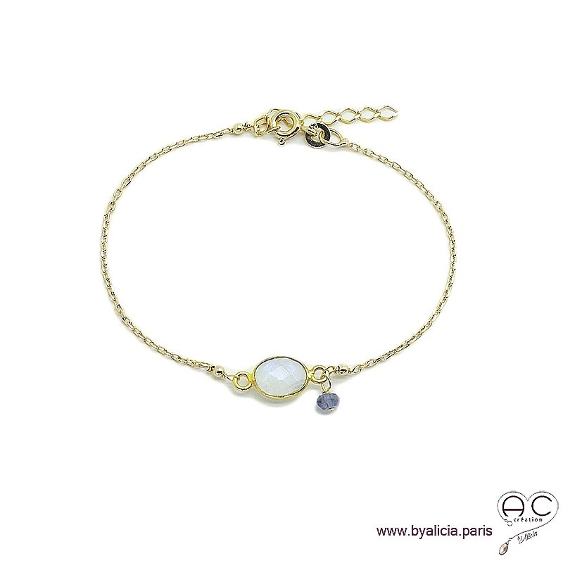 Bracelet pierre de lune ovale avec une pampille en pierre naturelle sur une chaîne en plaqué or, fin, création by Alicia