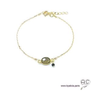 Bracelet quartz fumé ovale avec une pampille en pierre naturelle sur une chaîne en plaqué or, fin, création by Alicia