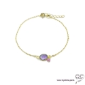Bracelet améthyste ovale avec une pampille, pierre naturelle violete sur une chaîne en plaqué or, fait main, création by Alicia