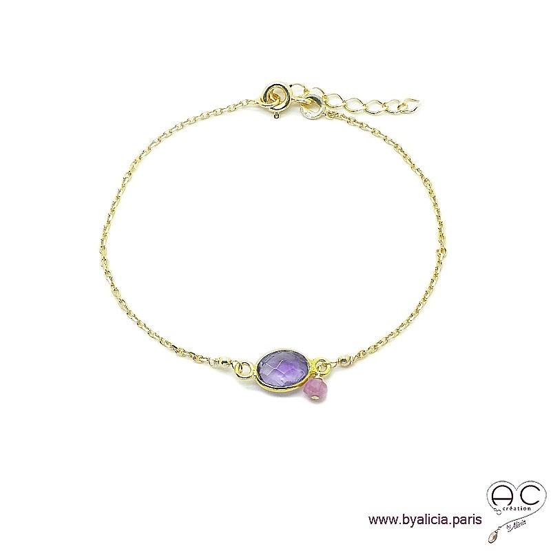 Bracelet améthyste ovale avec une pampille en pierre naturelle sur une chaîne en plaqué or, fin, création by Alicia