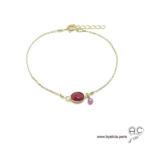 Bracelet indian rubis ovale avec une pampille en pierre naturelle sur une chaîne en plaqué or, fait main, création by Alicia