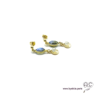 Boucles d'oreilles labradorite avec une pampille médaille soleil et pierre naturelle en plaqué or, création by Alicia