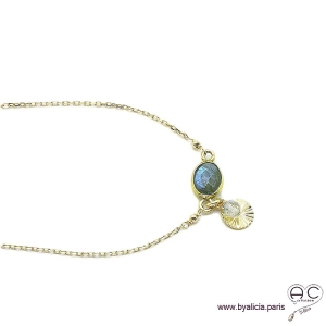 Collier labradorite avec une pampille médaille soleil et pierre naturelle, chaîne en plaqué or, création by Alicia