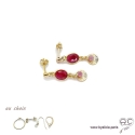 Boucles d\'oreilles sillimanite rubis, pampille médaille soleil plaqué or, pierre naturelle rouge, fait main, création by Alicia