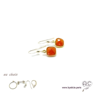 Boucles d'oreilles cornaline et plaqué or, pierre naturelle, pendantes, création by Alicia