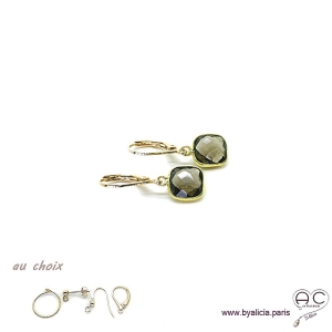 Boucles d'oreilles quartz fumé et plaqué or, pierre naturelle, pendantes, création by Alicia