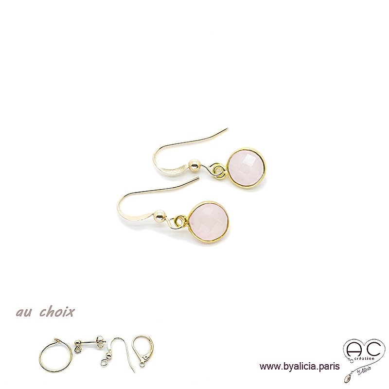 Boucles d'oreilles quartz rose et plaqué or, pierre naturelle, pendantes, création by Alicia