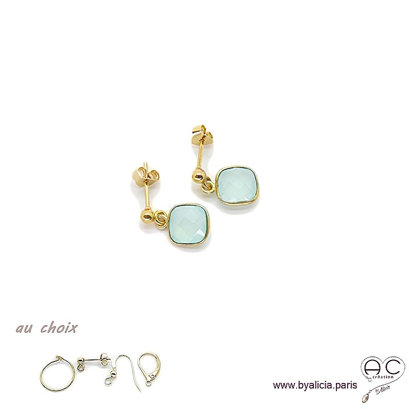 Boucles d'oreilles calcédoine agua et plaqué or, pierre naturelle, pendantes, création by Alicia