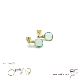 Boucles d'oreilles calcédoine agua et plaqué or, pierre naturelle, pendantes, création by Alicia
