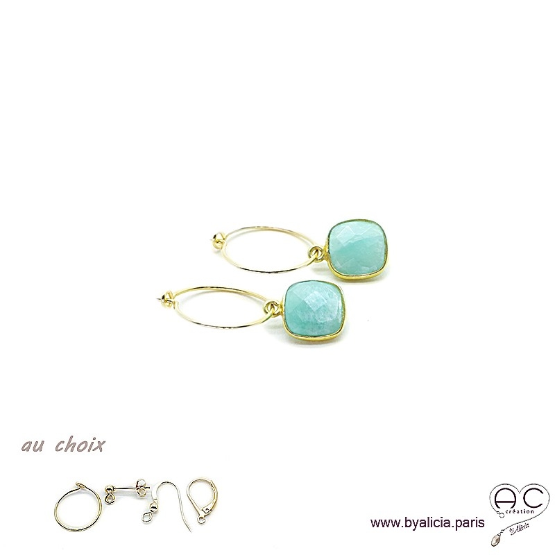 Boucles d'oreilles amazonite et plaqué or, pierre naturelle, pendantes, création by Alicia