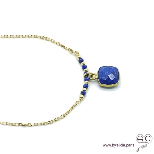 Colliers lapis lazuli entouré des petits lapises sur une chaîne en plaqué or, ras de cou, création by Alicia