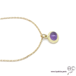 Collier pendentif avec améthyste en cabochon, pierre naturelle violet ovale, plaqué or, ras de cou, femme