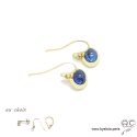 Boucles d\'oreilles avec tanzanite en cabochon, pierre naturelle bleu, ovale, plaqué or, pendantes, femme