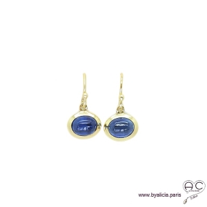 boucles d'oreilles avec tanzanite en cabochon, pierre naturelle bleu, ovale, plaqué or, pendantes, femme