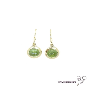 Boucles d'oreilles avec peridot en cabochon, pierre naturelle vert, ovale, plaqué or, pendantes, femme