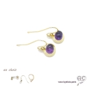 Boucles d\'oreilles avec améthyste en cabochon, pierre naturelle violet ovale, plaqué or, pendantes, femme