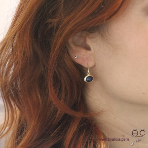 boucles d'oreilles avec tanzanite en cabochon, pierre naturelle bleu, ovale, plaqué or, pendantes, femme