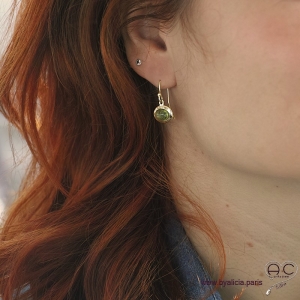 Boucles d'oreilles avec peridot en cabochon, pierre naturelle vert, ovale, plaqué or, pendantes, femme