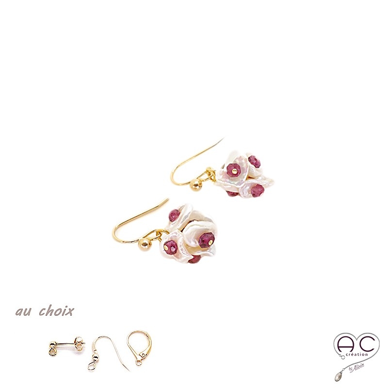 Boucles aves pétales en perles d'eau douce blanches de Keshi et rhodolite,  plaqué or, création by Alicia