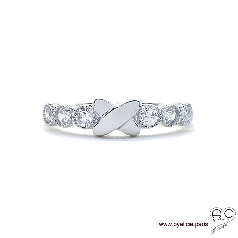 Bague croisillon sur anneau fin sertie de zirconium brillant en argent 925 rhodié, alliance, empilable, femme