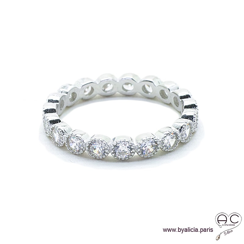 Bague alliance, anneau fin sertie de zirconium brillant tour complet en argent 925 rhodié, empilable, femme