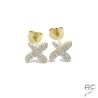 Boucles d'oreilles puce, croisées sertie de zirconium brillant en plaqué or, clous, petites, femme