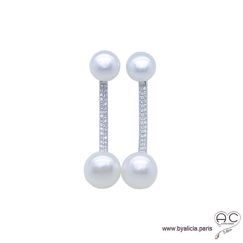 Boucles d'oreilles tribales avec perles d'eau douce et zirconium brillant en argent 925 rhodié, femme