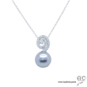 Collier avec perle nacrée grise et zirconium brillant en argent 925 rhodié, ras de cou, femme 