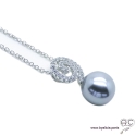 Collier avec perle nacrée grise et zirconium brillant en argent 925 rhodié, ras de cou, femme 