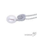 Collier avec perle nacrée blanche et zirconium brillant en argent 925 rhodié, ras de cou, femme 