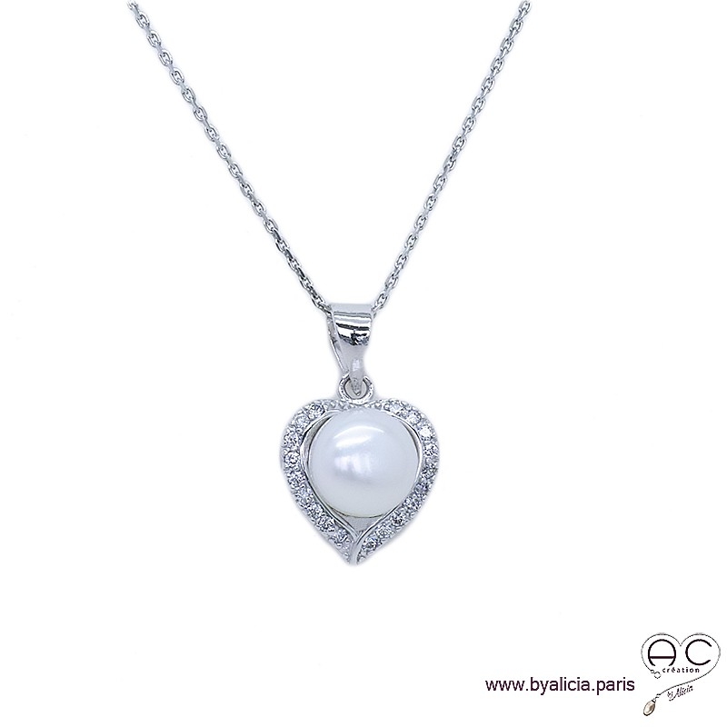 Collier cœur avec perle d'eau douce blanche et zirconium brillant en argent 925 rhodié, ras de cou, femme 