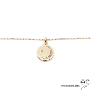 Médaille ronde avec croissant de lune et étoile serti de zircons brillants, en plaqué or, tendance, bohème