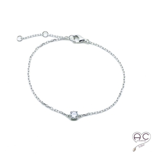 Bracelet avec solitaire en zirconium brillant sur une chaîne fine en argent 925 rhodié, femme