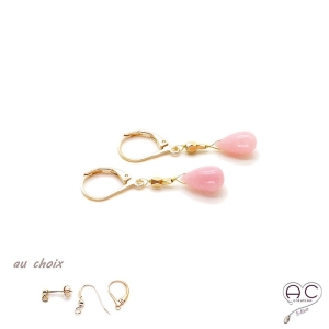 Boucles d'oreilles pierre naturelle opale rose goutte en plaqué or, courtes, pendantes, création by Alicia
