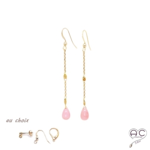 Boucles d'oreilles pierre naturelle opale rose goutte sur une chaîne en plaqué or, longues, pendantes, création by Alicia