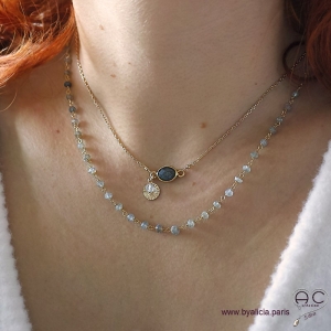 Collier labradorite avec une pampille médaille soleil et pierre naturelle, chaîne en plaqué or, création by Alicia