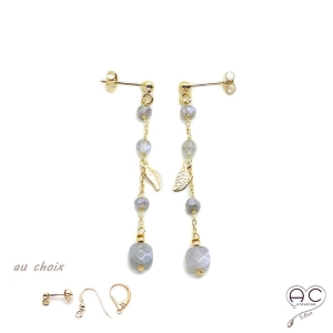 Boucles d'oreilles pierre naturelle labradorite sur une chaîne en plaqué or, longues, pendantes, création by Alicia