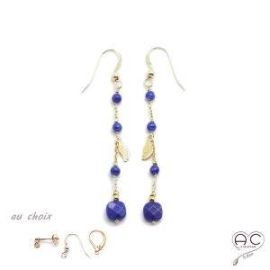 Boucles d'oreilles pierre naturelle bleu lapis lazuli sur une chaîne en plaqué or, longues, pendantes, création by Alicia