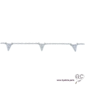 Collier avec pampilles triangles sertis de zirconium brillant, argent 925 rhodié, ras de cou, femme 