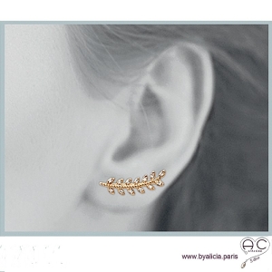 Boucles d'oreilles les barrettes contours d'oreilles feuilles de laurier sertis de zirconium brillant, plaqué or, femme 