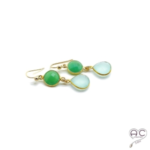 Boucles d'oreilles avec pierres semi-précieuses vertes, chrysoprase et calcédoine agua, plaqué or, longues, création by Alicia