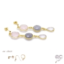 Boucles d\'oreilles avec quartz rose et oeil de chat, cascade de pierres semi-précieuses, plaqué or, création by Alicia