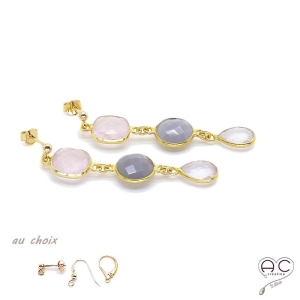Boucles d'oreilles avec quartz rose et oeil de chat, cascade de pierres semi-précieuses, plaqué or, création by Alicia