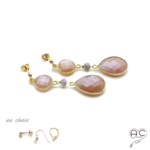 Boucles d'oreilles avec pierre de soleil, pierre semi-précieuse et plaqué or, longues, pendantes, création by Alicia