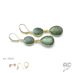 Boucles d'oreilles avec labradorite, pierre semi-précieuse et plaqué or, pendantes, création by Alicia