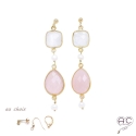 Boucles d\'oreilles quartz rose, pierre de lune, perle, pierres naturelles et  plaqué or, pendantes, création by Alicia