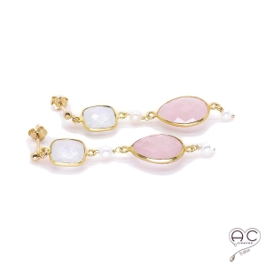 Boucles d'oreilles quartz rose, pierre de lune, perle, pierres naturelles et  plaqué or, pendantes, création by Alicia