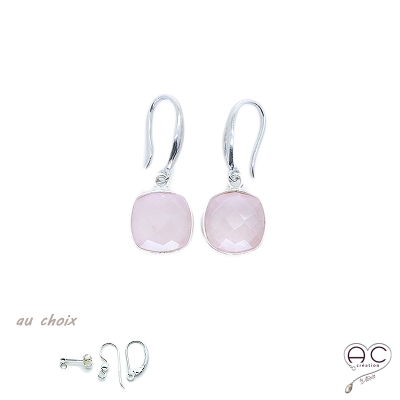 Boucles d'oreilles quartz rose, pierre semi-précieuse et argent 925, création by Alicia